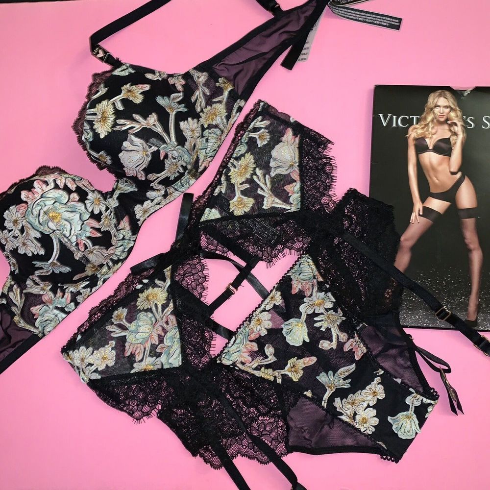 Victoria's Secret 32DD,32DDD BRA SET+garter BLACK floral applique embroidered